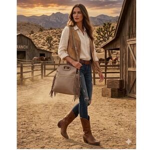 Ah-dorned Taupe Vegan Leather Fringe Crossbody Bag with Cutout Handle NWT  Boho